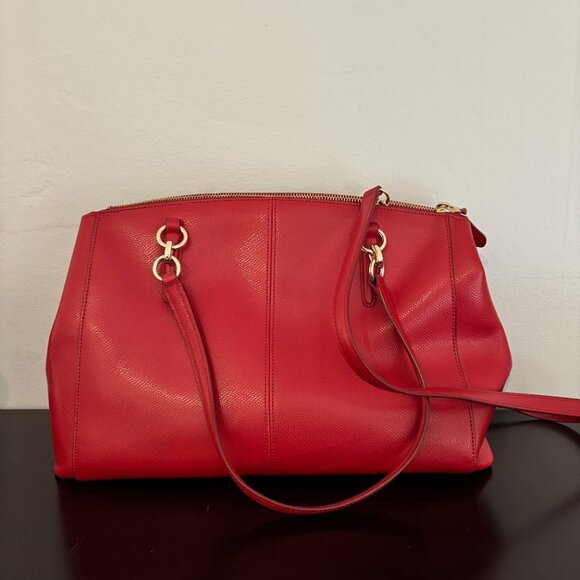 Coach Christie Carryall Cherry Red Crossgrain Leather Satchel - Picture 4 of 13